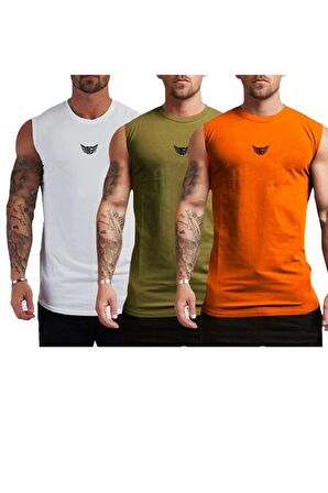 Erkek Hızlı Kuruma Atletik Performans Sporcu Sıfır Kol T-shirt MG-ATLET3 TURUNCU-HAKİ-BEYAZ