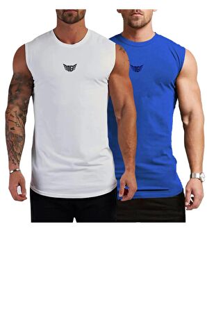 Erkek Nem Emici Hızlı Kuruma Atletik Teknik Performans Sporcu Sıfır Kol T-shirt MG-ATLET2 ( Beyaz-Mavi)