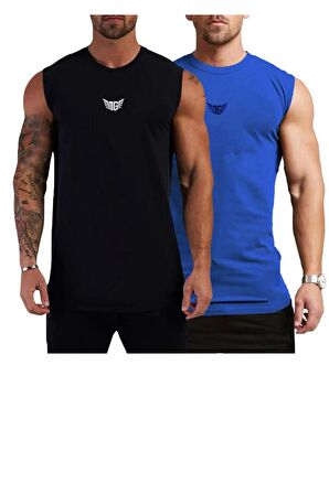 Erkek Nem Emici Hızlı Kuruma Atletik Teknik Performans Sporcu Sıfır Kol T-shirt MG-ATLET2(Siyah-Mavi)