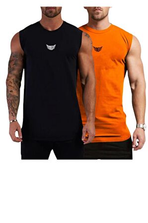 Erkek Nem Emici Hızlı Kuruma Atletik Teknik Performans Sporcu Sıfır Kol T-shirt MG-ATLET2(Siyah-Turuncu)