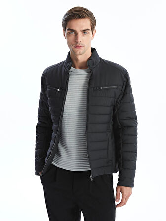 LCW Vision Siyah Slim Fit Dik Yaka Erkek Deri Görünümlü Mont