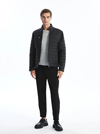 LCW Vision Siyah Slim Fit Dik Yaka Erkek Deri Görünümlü Mont