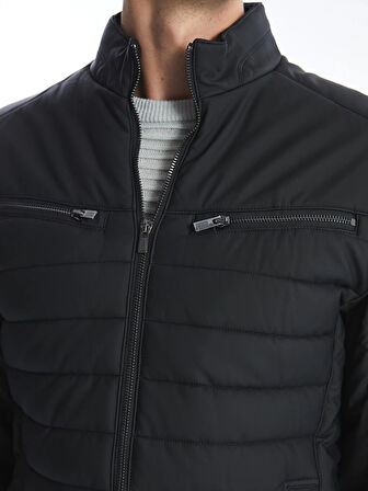 LCW Vision Siyah Slim Fit Dik Yaka Erkek Deri Görünümlü Mont