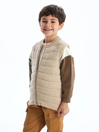 LCW Kids Bej Bisiklet Yaka Erkek Çocuk Fermuarlı Yelek
