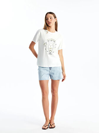 LCW Vision Ekru Bisiklet Yaka Baskılı Kısa Kollu Kadın Tişört