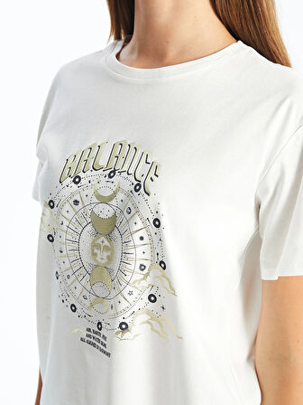 LCW Vision Ekru Bisiklet Yaka Baskılı Kısa Kollu Kadın Tişört