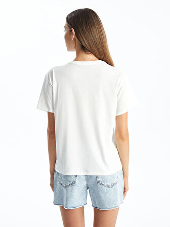 LCW Vision Ekru Bisiklet Yaka Baskılı Kısa Kollu Kadın Tişört