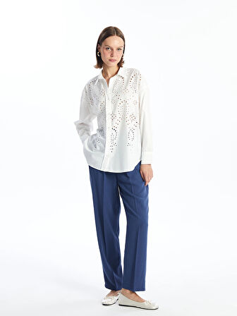 LCW Vision Beyaz Kendinden Desenli Uzun Kollu Oversize Kadın Gömlek