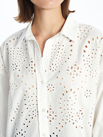 LCW Vision Beyaz Kendinden Desenli Uzun Kollu Oversize Kadın Gömlek