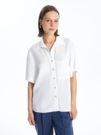 LCW Vision Beyaz Düz Kısa Kollu Keten Karışımlı Kadın Gömlek