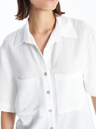 LCW Vision Beyaz Düz Kısa Kollu Keten Karışımlı Kadın Gömlek