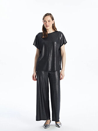 LCWAIKIKI Classic Siyah Beli Lastikli Düz Geniş Paça Kadın Metalik Pantolon