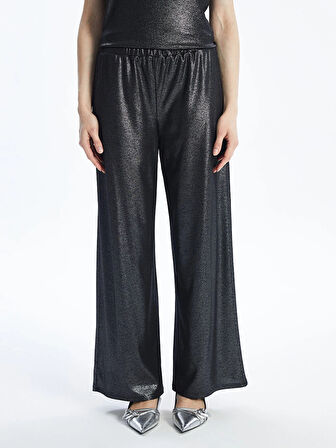 LCWAIKIKI Classic Siyah Beli Lastikli Düz Geniş Paça Kadın Metalik Pantolon