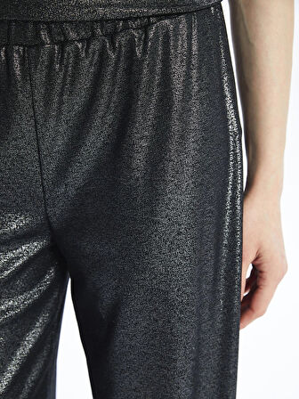 LCWAIKIKI Classic Siyah Beli Lastikli Düz Geniş Paça Kadın Metalik Pantolon