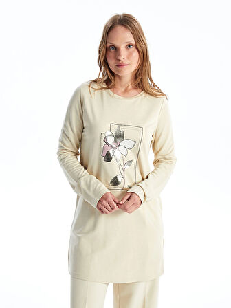 LCWAIKIKI Basic BEJ Bisiklet Yaka Baskılı Kadın Sweatshirt Tunik