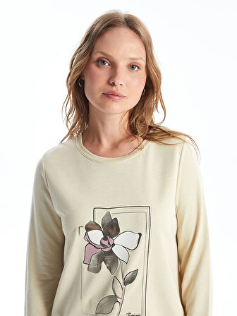 LCWAIKIKI Basic BEJ Bisiklet Yaka Baskılı Kadın Sweatshirt Tunik