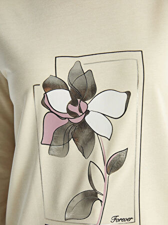 LCWAIKIKI Basic BEJ Bisiklet Yaka Baskılı Kadın Sweatshirt Tunik