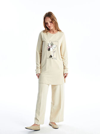 LCWAIKIKI Basic BEJ Bisiklet Yaka Baskılı Kadın Sweatshirt Tunik