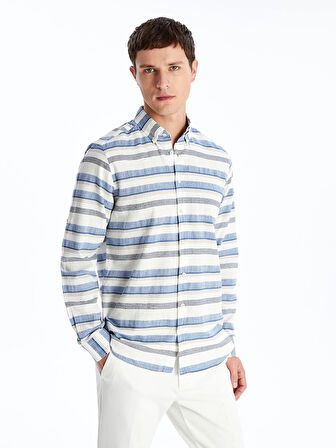 LCWAIKIKI Classic Indigo Regular Fit Uzun Kollu Çizgili Poplin Erkek Gömlek