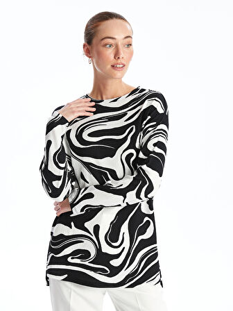 LCWAIKIKI Basic EKRU Bisiklet Yaka Desenli Kadın Sweatshirt Tunik