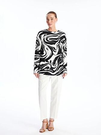 LCWAIKIKI Basic EKRU Bisiklet Yaka Desenli Kadın Sweatshirt Tunik