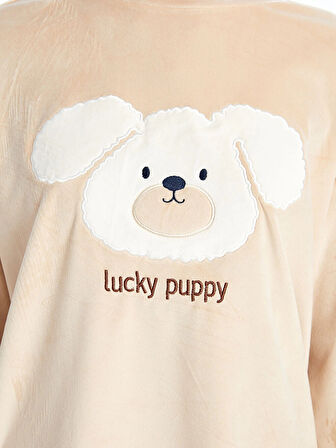 LCW Young Bej Bisiklet Yaka Nakışlı Kadın Kadife Pijama Takımı