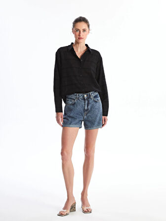 LCW Vision Siyah Kendinden Desenli Uzun Kollu Oversize Kadın Gömlek