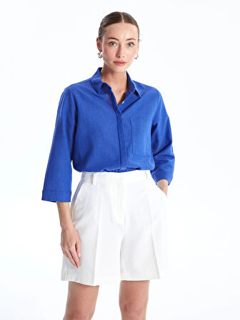 LCWAIKIKI Classic Mavi Düz Keten Görünümlü Kadın Gömlek