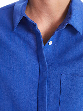 LCWAIKIKI Classic Mavi Düz Keten Görünümlü Kadın Gömlek