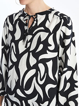 LCWAIKIKI Classic Siyah Bağlamalı Yaka Çiçekli Uzun Kollu Kadın Bluz