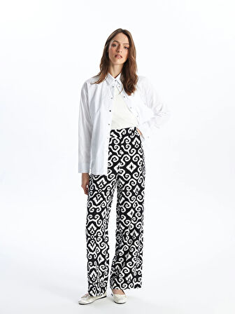 LCWAIKIKI Classic Siyah Beli Lastikli Desenli Geniş Paça Kadın Pantolon