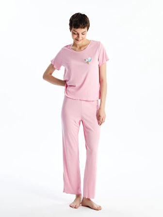 LCW Young PEMBE Bisiklet Yaka Baskılı Kısa Kollu Kadın Pijama Takımı