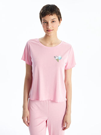 LCW Young PEMBE Bisiklet Yaka Baskılı Kısa Kollu Kadın Pijama Takımı