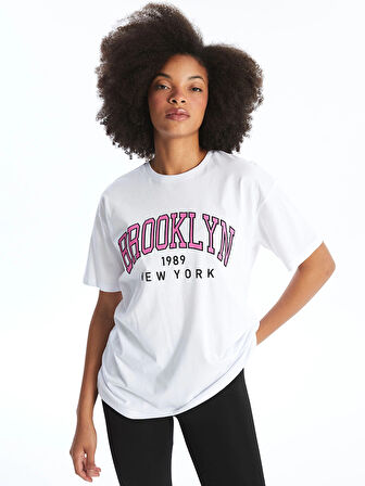 XSIDE ACTIVE Beyaz Bisiklet Yaka Baskılı Kısa Kollu Kadın Spor Tişört