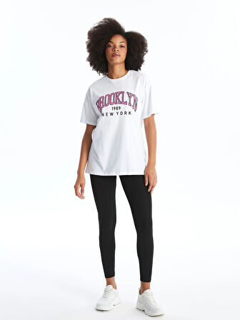 XSIDE ACTIVE Beyaz Bisiklet Yaka Baskılı Kısa Kollu Kadın Spor Tişört