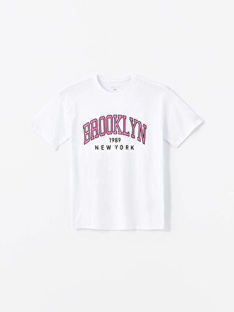 XSIDE ACTIVE Beyaz Bisiklet Yaka Baskılı Kısa Kollu Kadın Spor Tişört