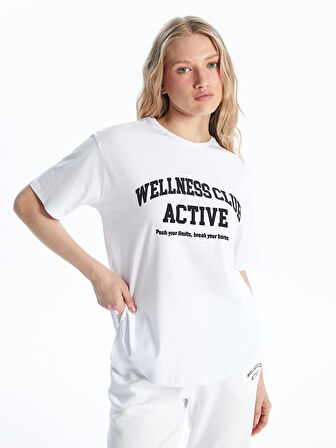 XSIDE ACTIVE Beyaz Bisiklet Yaka Baskılı Kısa Kollu Kadın Tişört