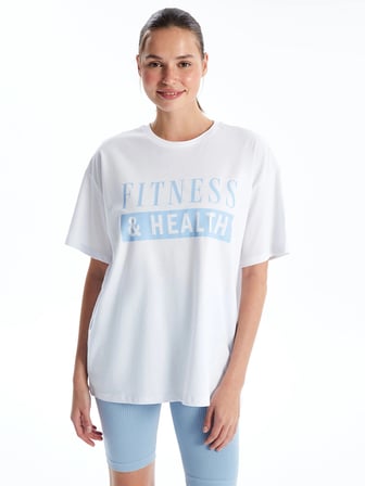XSIDE ACTIVE Beyaz Bisiklet Yaka Baskılı Kısa Kollu Kadın Spor Tişört