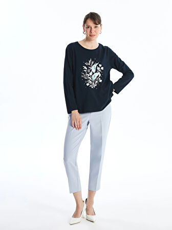 LCW Grace Lacivert Bisiklet Yaka Baskılı Uzun Kollu Kadın Tişört