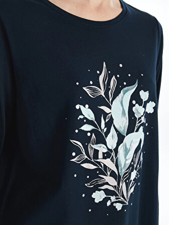 LCW Grace Lacivert Bisiklet Yaka Baskılı Uzun Kollu Kadın Tişört