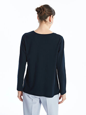 LCW Grace Lacivert Bisiklet Yaka Baskılı Uzun Kollu Kadın Tişört