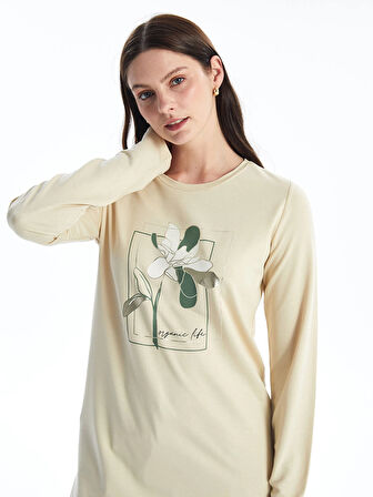 LCWAIKIKI Basic BEJ Bisiklet Yaka Baskılı Kadın Tunik