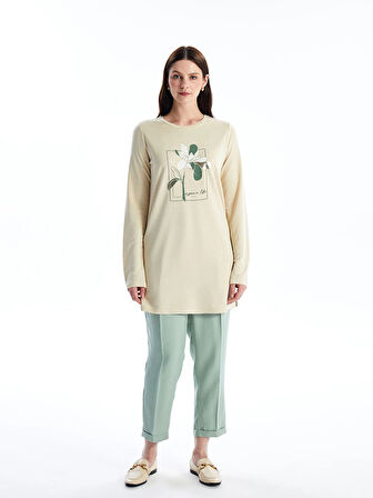 LCWAIKIKI Basic BEJ Bisiklet Yaka Baskılı Kadın Tunik