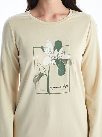 LCWAIKIKI Basic BEJ Bisiklet Yaka Baskılı Kadın Tunik