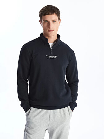 LCWAIKIKI Classic Lacivert Dik Yaka Uzun Kollu Baskılı Erkek Kalın Sweatshirt