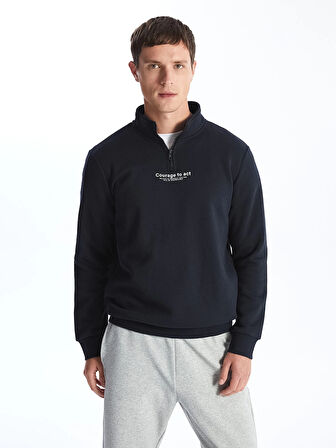 LCWAIKIKI Classic Lacivert Dik Yaka Uzun Kollu Baskılı Erkek Kalın Sweatshirt