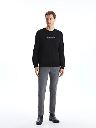 LCWAIKIKI Classic SİYAH Bisiklet Yaka Uzun Kollu Baskılı Erkek Kalın Sweatshirt