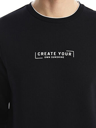 LCWAIKIKI Classic SİYAH Bisiklet Yaka Uzun Kollu Baskılı Erkek Kalın Sweatshirt