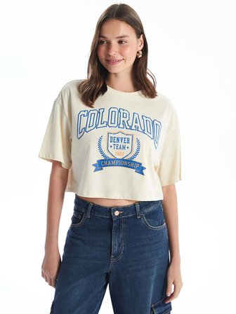 XSIDE Bej Bisiklet Yaka Baskılı Kısa Kollu Oversize Kadın Crop