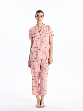 LCW DREAM PEMBE Gömlek Yaka Desenli Kısa Kollu Kadın Kaprili Pijama Takımı